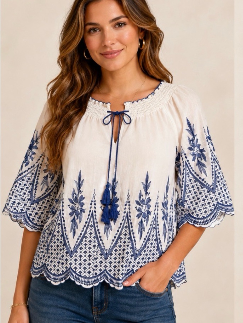 Cato Blue White Embroidered Peasant Blouse Boho Tassel Top Large